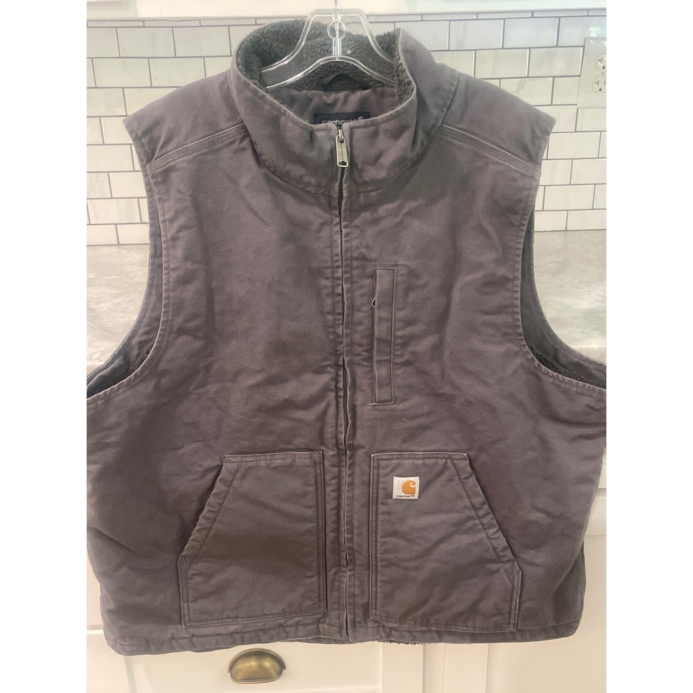 Carhartt Vest Mens XL Gray OV4277-M Loose Fit Sherpa Lined Duck Canvas Mock Neck